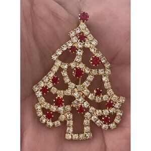 Vintage 90s Sparkly Red Rhinestone Christmas Tree Brooch 2" Pin Holiday